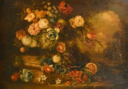 19th Century Continental School, a still life of mixed flowers in a marble urn, oil on canvas, 24