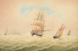 William Frederick Settle (1821-1897) British, sailboats in open water with a steam clipper on the
