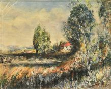 Early 20th Century, an oil on canvas sketch of building in a landscape, indistinctly signed, 8.75
