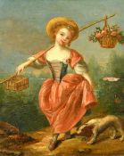Manner of Francois Boucher, A young girl carrying a basket of flowers and a small bird cage