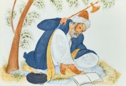 Indian School, An elder seated under a tree reading text, watercolour on card, signed, 5