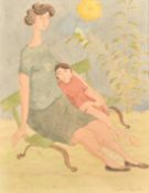 20th Century, a study of a mother and child seated on a bench, watercolour, indistinctly signed, 9.