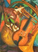 Mid-20th Century American School. Musical instruments on a cubist/abstract background, oil on board,