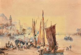 Circle of William Leighton Leitch, A busy Continental river harbour, watercolour, 6.5