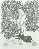 Ram Singh Urveti (b. 1970) Indian Gond Artist, a deer sat beneath a tree, ink on paper, signed,