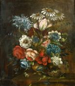 18th Century Continental School, a still life of mixed flowers and a bird nest, oil on panel, 13