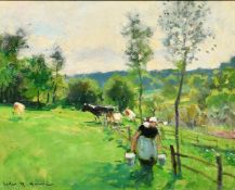 Jules Rene Herve (1887-1981) French, a female figure gathering carrying milk, oil on board,