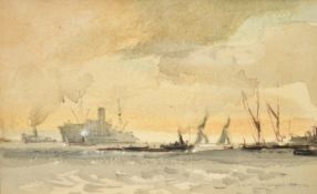 Rowland Hilder (1905-1993), 'Woolwich', ships by docks, watercolour, signed, 3.5