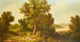 H. Chilton (20th Century) a lake scene, oil on canvas, signed, 22.25