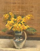 Howard Morgan (1949-2020) British, a still life of daffodils in a pottery jug, oil on canvas laid