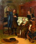 19th Century, a scene of a physician in a patients home, oil on oak panel, 13.75