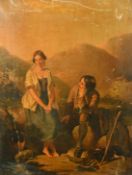 19th Century School, country lovers by a mountain spring, oil on canvas, 24