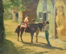 Harry Freckleton (1890-1979) British, three children with a pony outside farm buildings on a