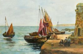 19th Century, figures unloading the catch on a quay with moored boats drying their sails, oil on