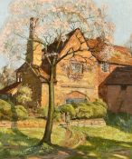 Clarence V. Mackenzie (1889-1949) British, 'An Old Farm Lutley', figures by blossoming trees, oil on
