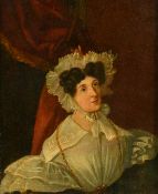 19th Century, Portrait of a lady in front of a burgundy drape wearing a lace bonnet and a lace