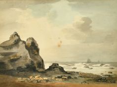 Early 19th Century English School, A rocky coastal scene with ships on the horizon, watercolour, 9.