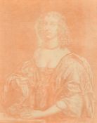 A half-length study of a female figure in Carolean dress, sepia, 9.75