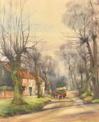 Walter Goldsmith, A horse and cart on a village road, watercolour, signed, 14.25