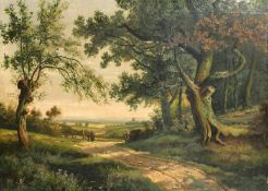 Ralph Jones (19th Century) British, figures on a track leaving the woods with a distant view beyond,