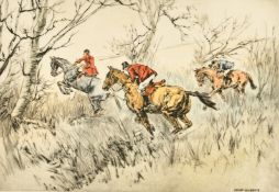 Henry Wilkinson (1921-2011) British, figures on horseback hunting, etching in colours, signed in