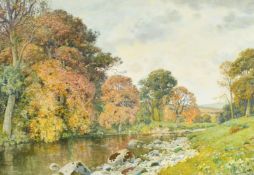 John McDougal, 'Autumn Tints, Bolton Abbey, Yorks', watercolour, signed and dated 1930, label verso,