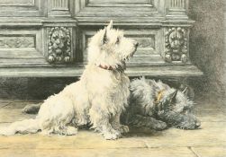Herbert Dicksee print after an etching titled, 'Footsteps', two terriers in an interior, published