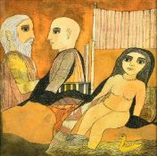 Attributed to Badri Narayan (1929-2013) Indian, a female nude and two other figures by a stream,