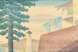 Merryl Watts, 'Red roofs', colour woodblock, signed, numbered 4/50 and inscribed in pencil, 9.75