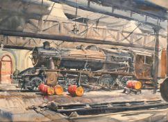 Ralph Hartley (1926-1988) British, 'Steam Engine', watercolour, signed, label verso, 21.5