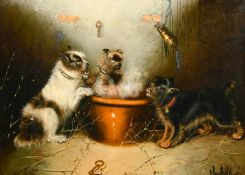 E. Armfield (19th Century), terriers gathered in a barn, oil on canvas, signed, 20