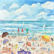 Simeon Stafford (b. 1956) British, 'St. Michael's Mount', figures on a busy beach, oil on canvas,