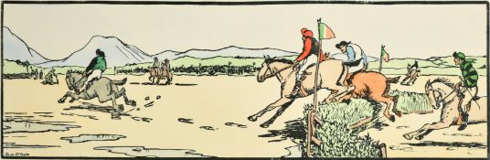 The Cuala press, 'The start of the race' by Jack B. Yates, hand coloured print No 3, 6.75