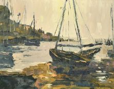 Circle of Jack Cox, A river estuary with small boats, oil on canvas board, 8