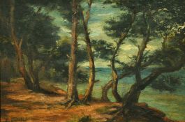 Continental School 19/20th School, Trees on the edge of a shore, oil on board, indistinctly signed