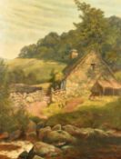 19th Century English School, A stone cottage by a stream with a woman at the door, a cow and