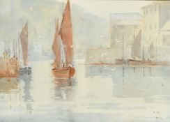 Frank Kelsey (1864-1932) British, sailboats leaving harbour, watercolour, 7.5
