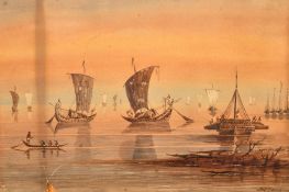 Frederick John White (19th Century), a scene of Oriental boats and figures, watercolour, signed,