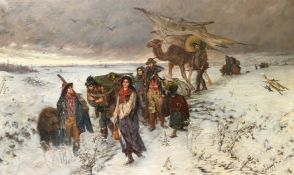 Circle of Alfred Kowalski, Circa 1900, a travelling circus, figures and their camels traveling