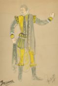 E. Mayo, a collection of six costume designs for Titus Andronicus, watercolour and pencil, each