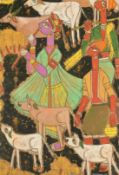 A. A. Almelkar (1920-1982) Indian, female figures amongst livestock, gouache, signed, 25