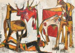 20th Century probably Spanish School, a bull fighting scene, oil on panel, indistinctly signed, 27.