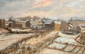 Fernand Patte (1857-1946) French, a view of a French town under snow at dusk, oil on canvas, signed,