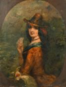 Follower of Charles Baxter, A lady holding playing cards, oil on canvas, 17.5