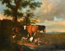 Manner of Nicolaes Berchem, The resting place, a herdsman sitting on a bank under trees resting