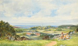 Attributed to John Faulkner, a figure and a horse and cart on a country track with a coastal view