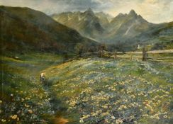 Late 19th Century School, a Continental alpine scene with a figure collecting wildflowers, oil on