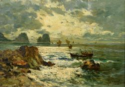 Giordano (Early 20th Century) Italian, fishing boats off a headland under moonlight, oil on panel,