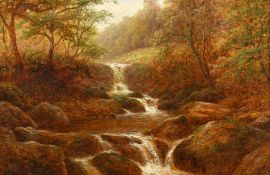 William Mellor (1851-1931) British, a waterfall leading to a rocky pool with sheep beyond, oil on