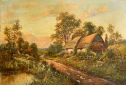 Walter Wallor Caffyn (1845-1898) British, thatched cottage by a river with wildflowers, oil on